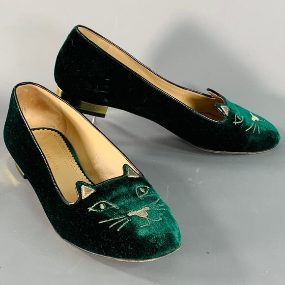CHARLOTTE OLYMPIA Size 8.5 Green Gold Velvet Embroidered Kitty Slip On Flats - Picture 1 of 8